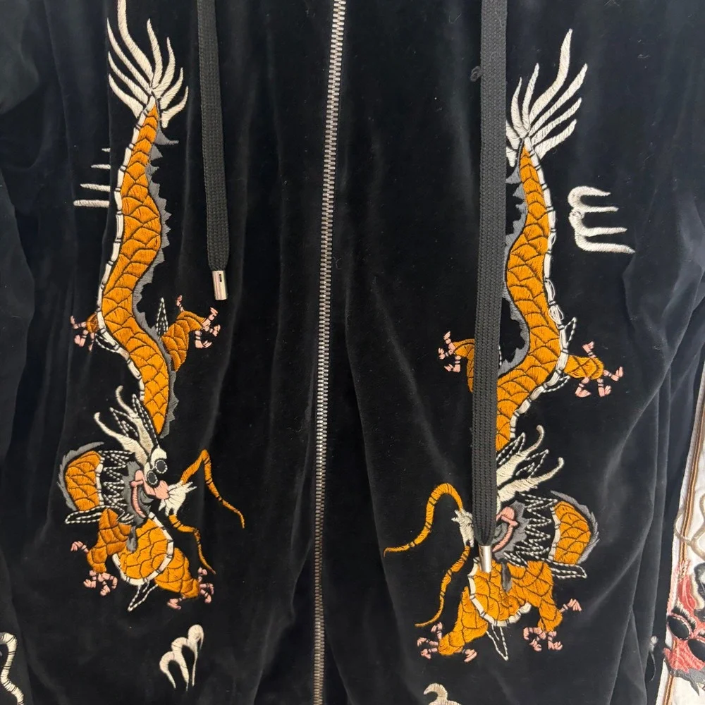 Gucci Black Velvet Dragon Embroidered Web Stripe Zip Up Hoodie Mens Large
